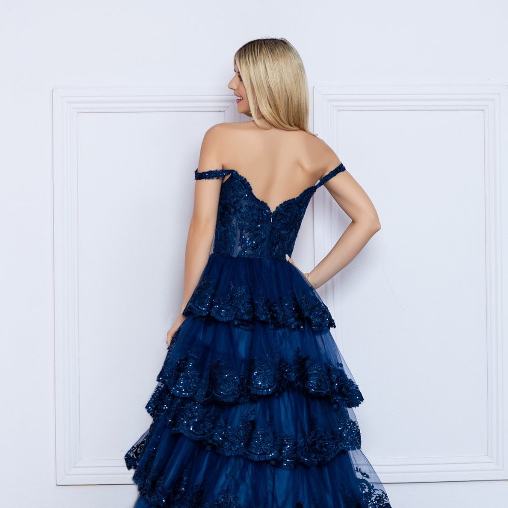 NEW FORMAL SLEEVELESS SWEETHEART NECK RUFFLED TULLE GOWN W/ FLORAL LACE NX R1299 - Picture 6 of 8